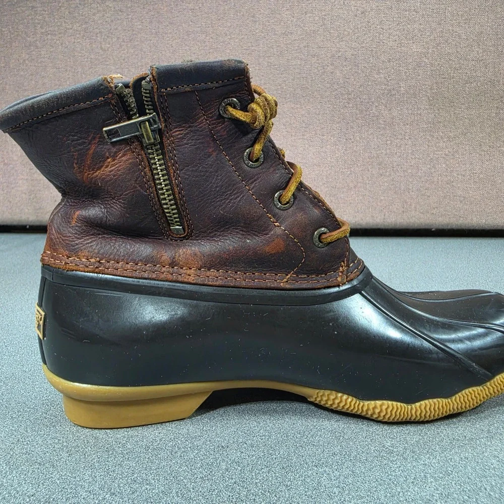 Sperry Saltwater Duck Boots Womens Brown Leather Rubber Ankle Good Side Zip